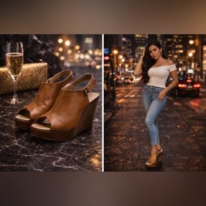 De Mauro Leather Tan Slingback Wedge Heels Peep Toe Size 5.5